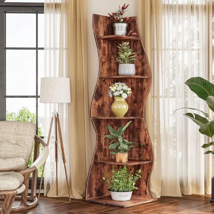 LITTLE TREE Bücherregal Ecke, Modernes Regal Schmal mit 6 Ebenen, 50 x 48 x 179 cm Bücherregal Holz, Standregal mit Wellen-Design für Kleine Räume, Wohnzimmer & Schlafzimmer, Rustikal, 1er Pack – Bild 3