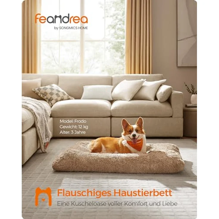 Feandrea Hundebett, Hundekissen, Flauschige Hundematte, Langer Plüsch, 110x73 cm, weiche Polsterung, waschbar, multifunktional, Kamelbraun PGW203K01 – Bild 3