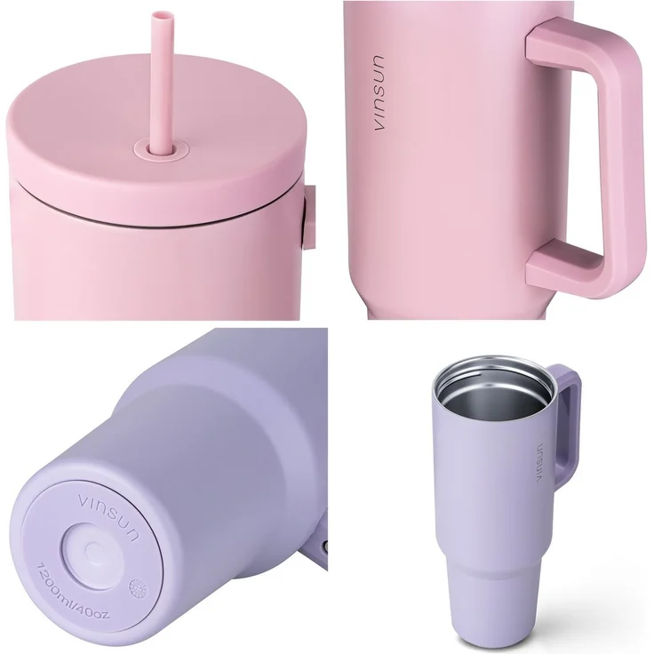 Vinsun Thermobecher Edelstahl Tumbler 1200ml 40oz - Isolierbecher mit Strohhalm und Henkel, 5-tlg, Edelstahl, Doppelwandig isoliert, BPA frei, bruchfest, Kalt- und Heißgetränke – Bild 3
