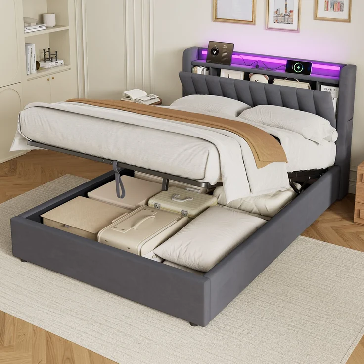 Polsterbett 140 x 190 cm aus Samt mit integriertem Stauraum, USB-Anschluss und LED-Beleuchtung, Dunkelgrau – Bild 2