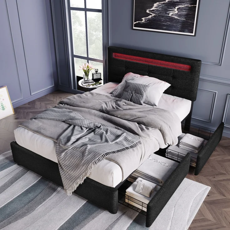 Einzelbett 90 × 200 cm mit LED-Beleuchtung, verstellbarem Kopfteil, 2 Schubladen, Leinenbezug in Schwarz, modernes Design – Bild 2