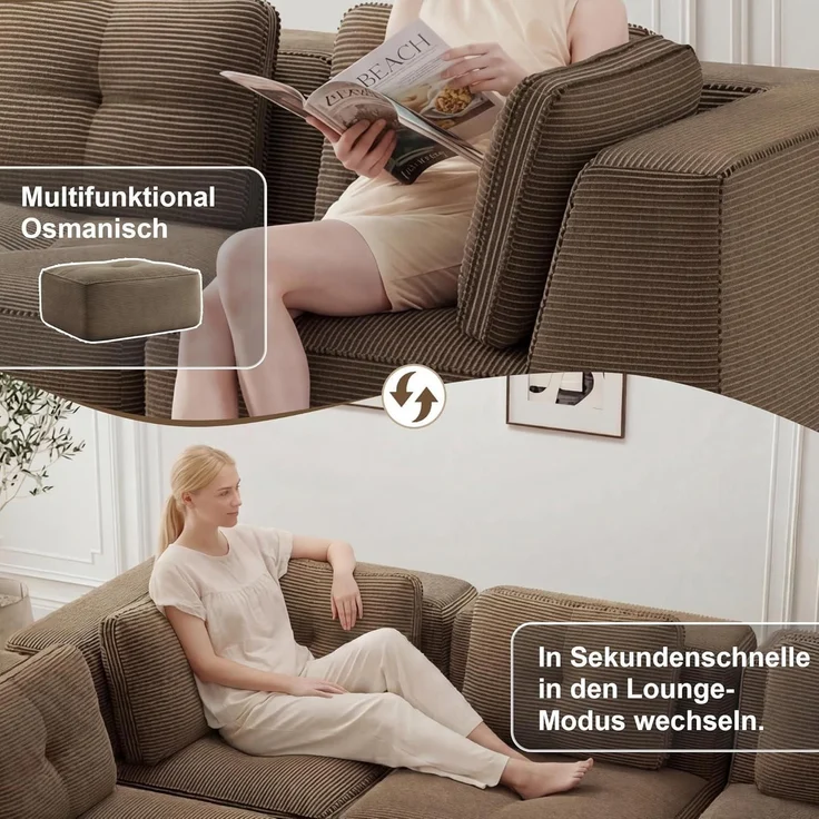 3 Sitzer Sofa Ecksofa Cordstoff Polsterung Armlehnen Braun 3-Sitzer – Bild 6