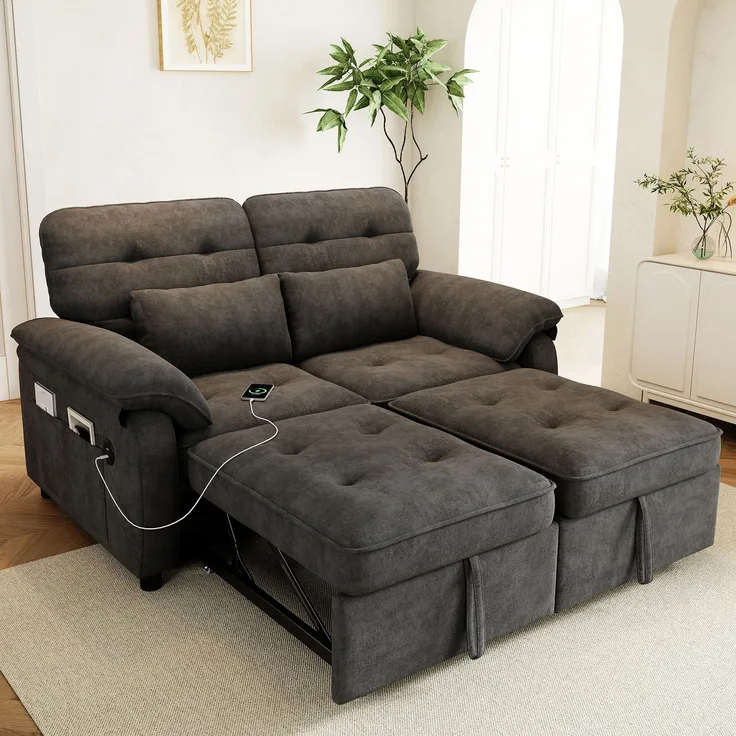 Merax 3-in-1 Doppelschlafsofa, faltbares Sofa mit verstellbarer Rückenlehne und Bettfunktion, umwandelbare Schlafcouch mit USB‑Ladeanschluss, Chenille‑Stoff, Grau