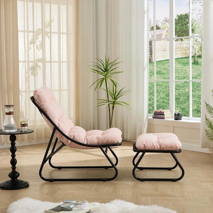 LVHOM Sessel mit Hocker, Gepolsterter Loungesessel aus Cord mit Metallgestell, ergonomischer Relaxsessel für Wohnzimmer und Schlafzimmer, Rosa – Bild 5