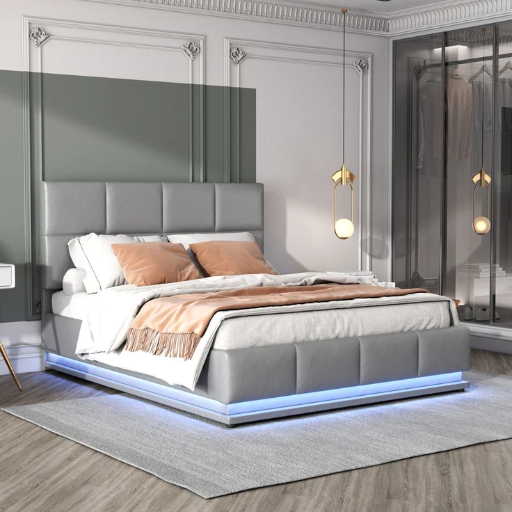 Merax LED Hydraulisches Polsterbett 140x200 aus Kunstleder Doppelbett mit Höhenverstellbares Kopfteil & Lattenrost Dunkelgrau – Bild 3