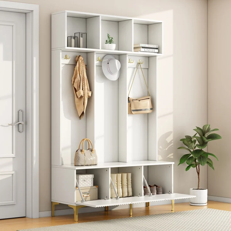Merax Garderobenset mit Bank, multifunktionale Aufbewahrungsbank, offene Aufbewahrung,6 goldene Haken und Füße, geeignet für Flur, Wohnzimmer, weiß, B120/D23.5/H191.5CM – Bild 1
