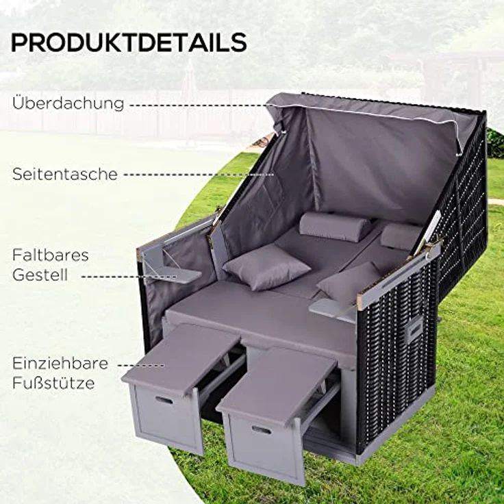 Outsunny Gartenliege, Grau, Kunststoff, 79x150x118 cm, mit verstellbarer Rückenlehne und zwei Klapptischen – Bild 6