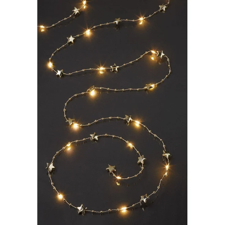hellum LED Kupfer-Lichterkette Tauperlen, goldene Sterne, 20 warmweiße LEDs, 190 cm Lichtlänge, Kabelfarbe silber und gold, Indoor, batteriebetrieben (3AA), 521597