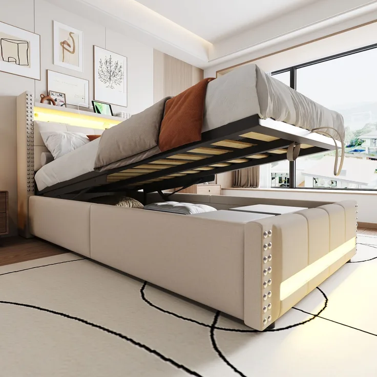 EINHOM Polsterbett Kinderbett 90 x 200 cm mit LED-Beleuchtung und USB-Steckdose, Kopfteil mit Einlegeböden und Stauraum, mit Hydraulik für die Lagerung, Einzelbett, Leinenstoff Beige, (Ohne Matratze)