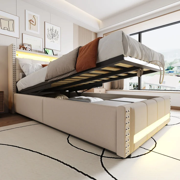 EINHOM Polsterbett Kinderbett 90 x 200 cm mit LED-Beleuchtung und USB-Steckdose, Kopfteil mit Einlegeböden und Stauraum, mit Hydraulik für die Lagerung, Einzelbett, Leinenstoff Beige, (Ohne Matratze) – Bild 1