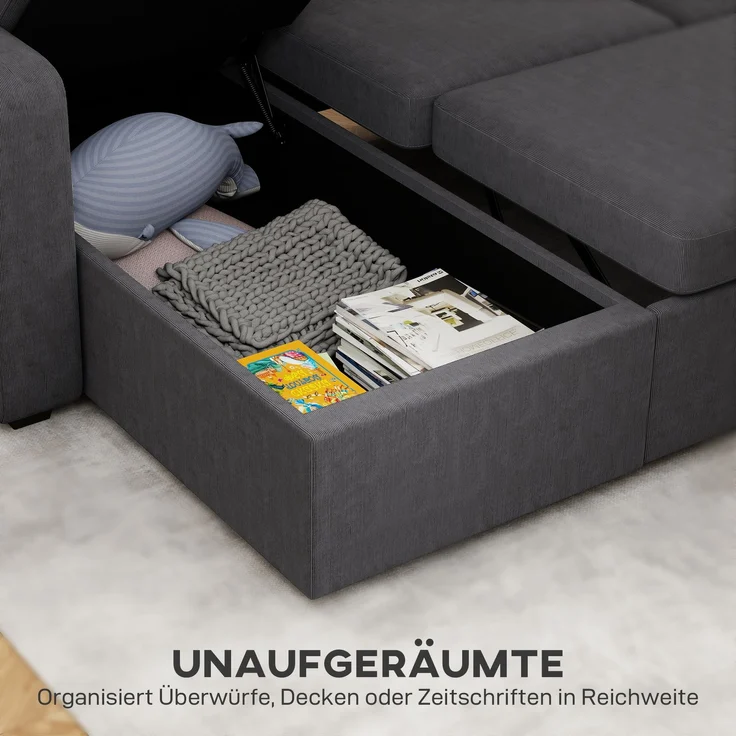 Verstellbares Bettsofa, L-förmiges Gästesofa mit Bettfunktion, Stauraum, Kissen, für Wohnzimmer, Gästezimmer, Dunkelgrau--Dunkelgrau--205x135x76cm--YOUDENOVA – Bild 8