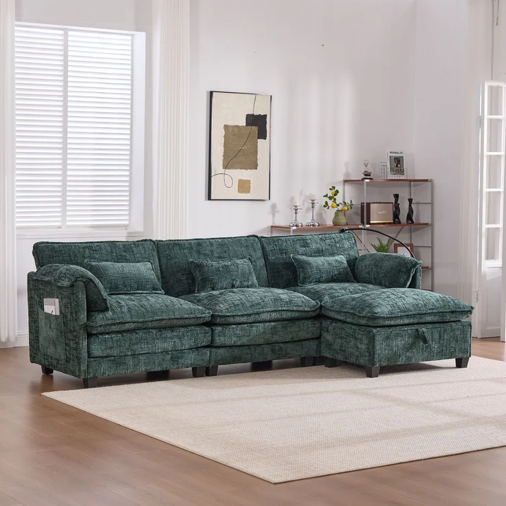 LVHOM 3-Sitzer Sofa mit Hocker, L-Form Ecksofa mit Stauraum, Modulares Sofa mit USB-C-Anschluss, Handyhalter und Seitentaschen, weiche Chenille-Stoff, Couchgarnitur, Grün – Bild 1