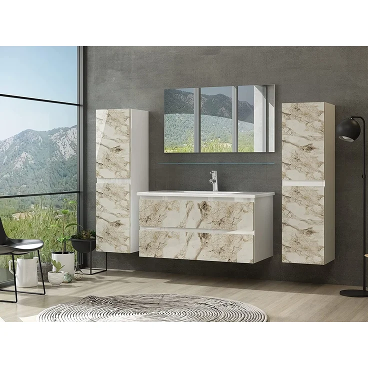 Homeline Badmöbel Set mit Schubladen Glas ablage (Diana Weiss Weiss-Marmor, 90 cm 2X Hochschrank) – Bild 1