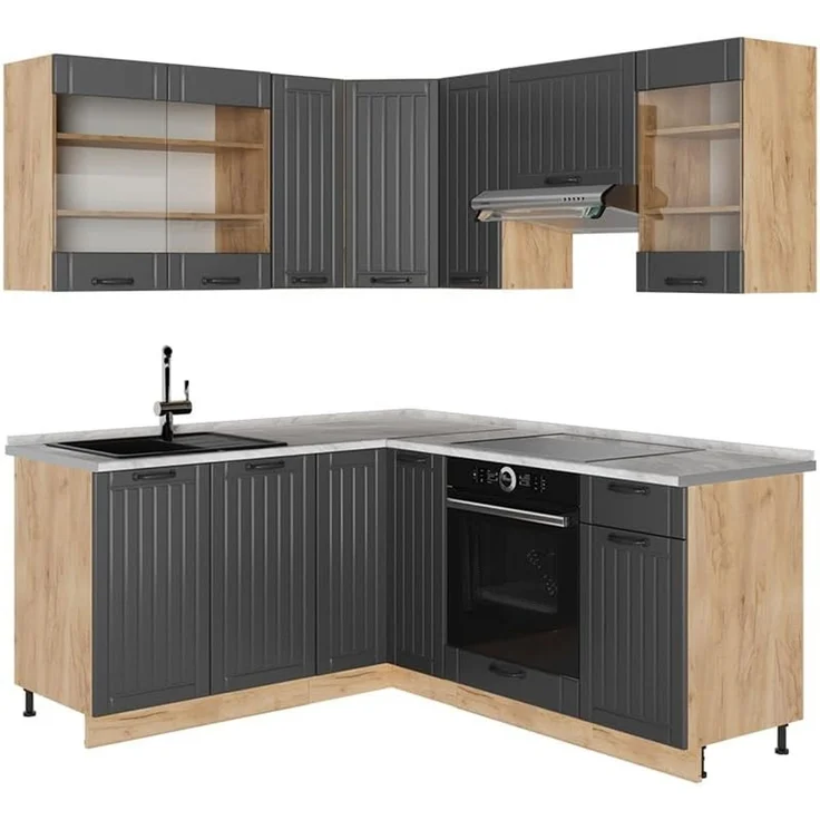Eckküche Fame-Line Dunkelgrau/Goldkraft Eiche 190 x 160 cm, AP Marmor Vicco – Bild 1