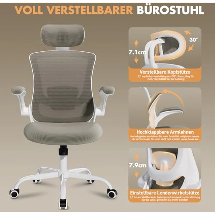 COLAMY Bürostuhl Ergonomisch, Netz-Schreibtischstuhl mit Verstellbarer Kopfstütze, Chefsessel Office Chair mit Lendenwirbelstütze, Verstellbarer Neigungsverschluss Drehstuhl, Khaki – Bild 6