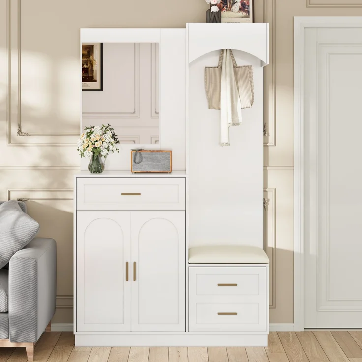 Moderne, Kompaktgarderoben,Garderobenschrank und Schuhschrankkombination, Eingangsschrank, multifunktionales Lagerregal mit Spiegel--Weiß--110x33x185.5cm--YOUDENOVA – Bild 8