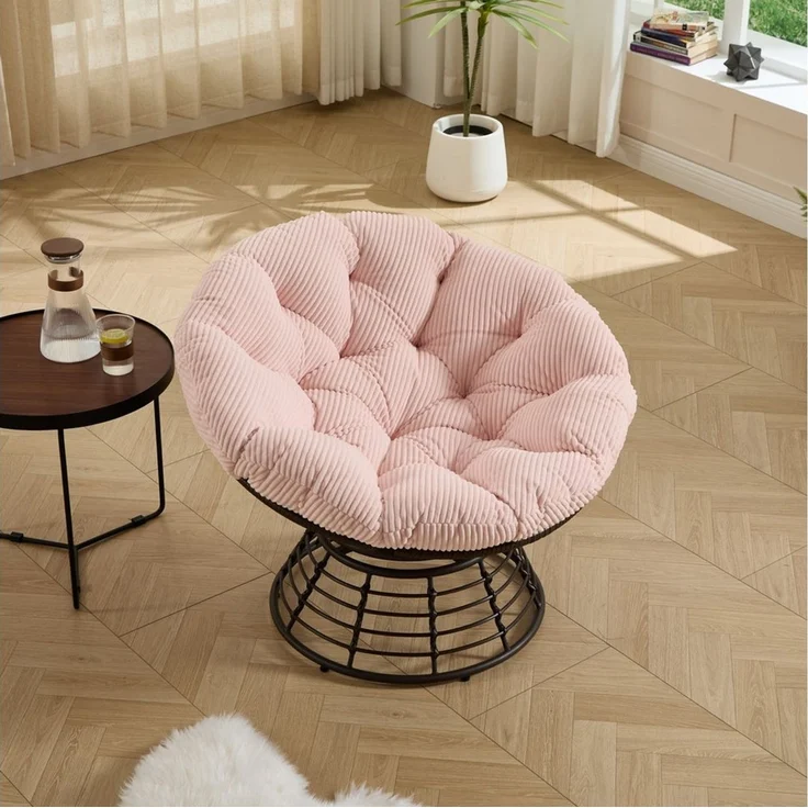 LVHOM Relaxsessel Papasansessel Rattanstuhl mit Kissen, 360° drehbar, Durchmesser 92 cm (Komfortables Sitzerlebnis, 10cm rundes Sitzkissen, ergonomisches Design, rutschfeste Füße, rostfreier Stahlrahmen, Belastbarkeit 130kg), geeignet für Wohnzimmer, S... – Bild 2