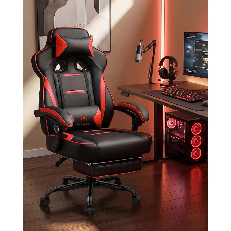 GTPLAYER Gaming Stuhl mit Fußstütze, Ergonomischer Bürostuhl 180kg, Schwerlast Gaming Sessel mit Lendenwirbelstütze und Kopfstütze, Höhenverstellbarer Computerstuhl, Gepolstert, neigbare 155°, ROT – Bild 8