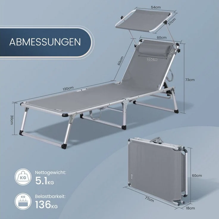 HOMECALL Gartenliege Leicht Sonnenliege Klappbar Alu Liegestuhl Strandliege, 1-tlg, 5 fach Verstellbare Rückenlehne, Sonnenschutzdach, bis 136KG – Bild 2