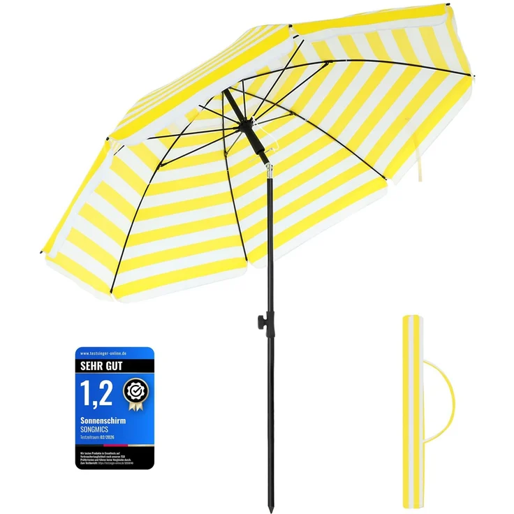 SONGMICS Sonnenschirm 200 cm, Sonnenschutz, UPF 50+, Strandschirm, beidseitig um 30° knickbar, höhenverstellbar, mit Tragetasche, Balkon, Garten, Strand, ohne Ständer, gelb-weiß gestreift GPU65YW