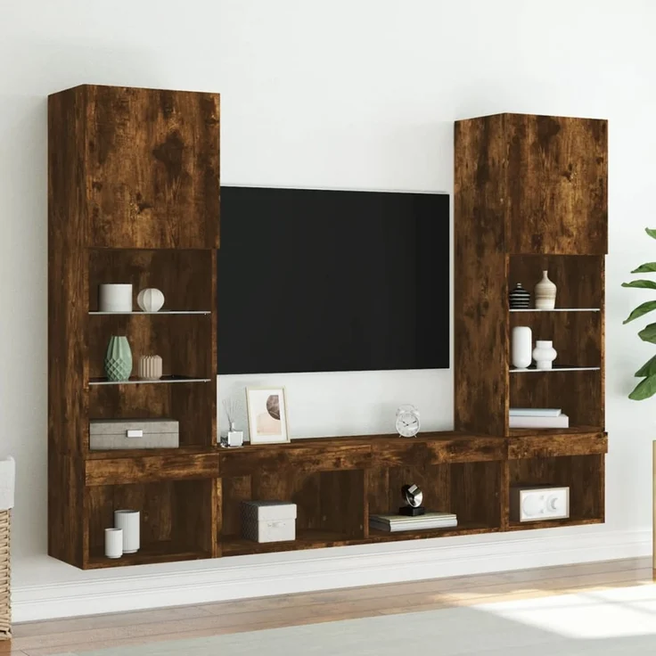 vidaXL 5-tlg. Wohnwand mit LED-Beleuchtung Räuchereiche Holzwerkstoff 3216694 – Bild 3