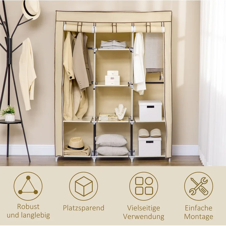 CHICFURN Kleiderschrank 125x162,5x43 cm mit 2 Kleiderstangen und 8 Einlegeböden – Beige – Bild 2
