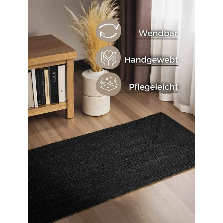Hanse Home Juno Juteteppich - Natur Wohnzimmerteppich aus 100% Jute, Handgewebt - Robust & Pflegeleicht - Moderner, Boho Naturfaser Teppich für Wohnzimmer, Schlafzimmer - Schwarz, 80x200 cm – Bild 3