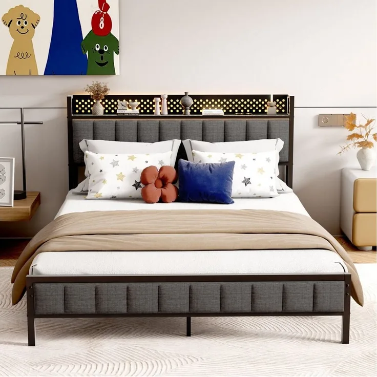 STILVORA Jugendbett Metallbett 140x200 Bettgestell bett mit Steckdose,led Beleuchtung (Eisenbett, Funktionsbett mit Lattenrost, 1-tlg, 27 cm Bodenfreiheit für extra Aufbewahrung, 140*200cm, ohne Matratze), mit schwarzem Metallrahmen, integrierten USB-A...