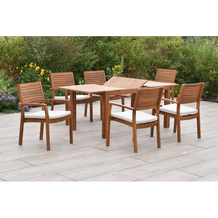 Batavia Gartenmöbel Set 13tlg, 6 Stapelsessel, 6 Sitzkissen Ausziehtisch 150 (200) x 90 cm, Akazie – Bild 3