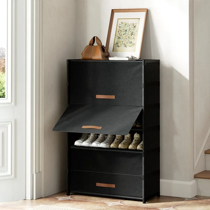 FABATO 7-stufiger Schuhschrank mit Tür – Platz für 28 Paar Schuhe | Kunststoff-Schuhorganizer für Flur, Diele & Schlafzimmer in Schwarz