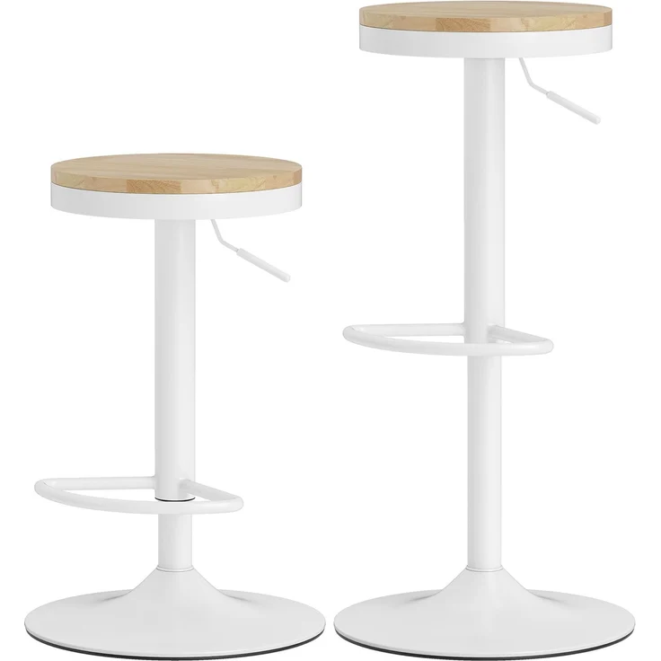 Barhocker 2er Set, Höhenverstellbar 360° Drehbar Barstuhl mit Stahlgestell Fußstütze 38,5x38,5x60-80 cm Naturholz+Weiß--Naturholz + Weiß--80x38.5x38.5cm--YOUDENOVA – Bild 2