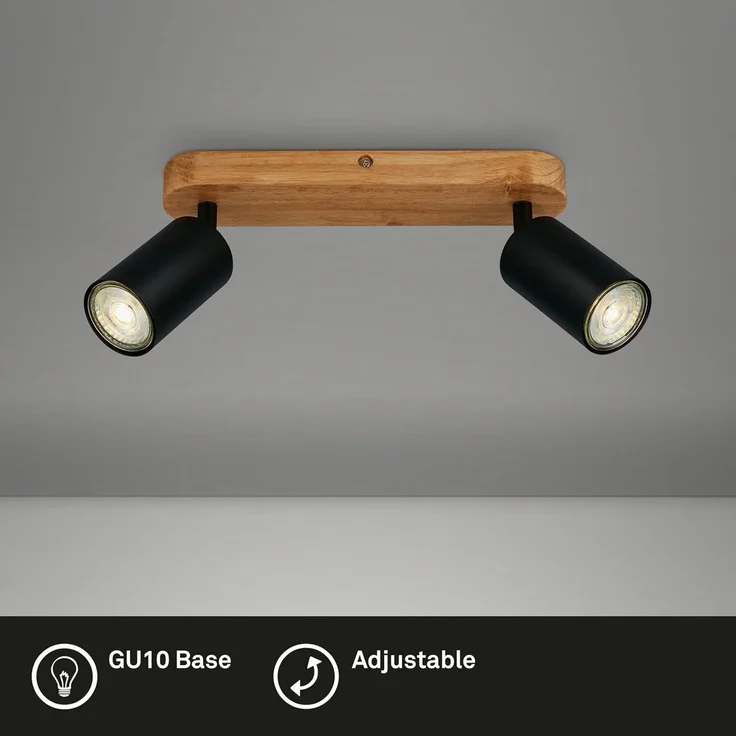 BRILONER Leuchten - Deckenlampe retro mit Holz, 2-flammige Deckenleuchte vintage, 2x GU10 Fassung, verstellbarer LED Spot, rustikaler Deckenspot, Schwarz-Holz, 270 x 60 x 85 mm, 2922-025 – Bild 2