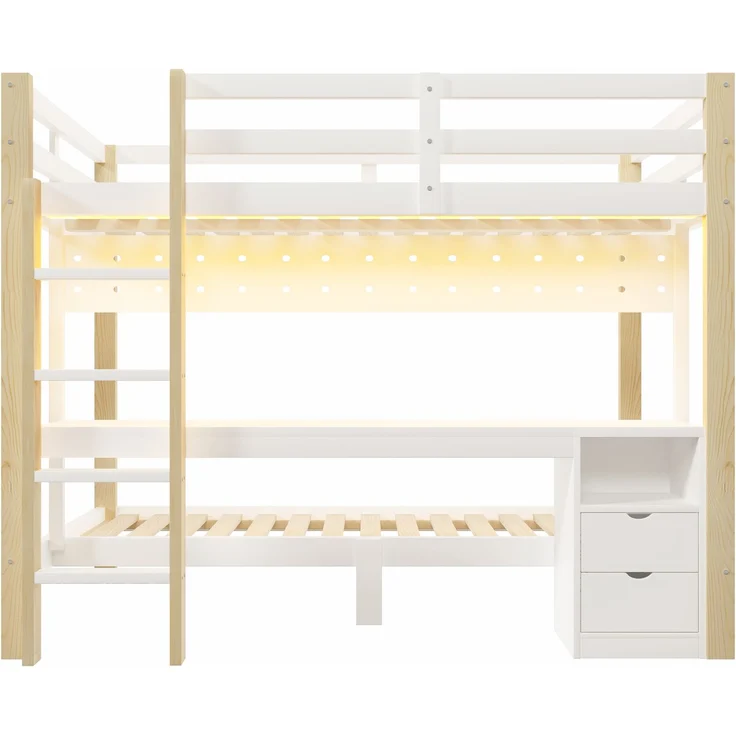 Merax Etagenbett, 90x200 cm & 140x200 cm, mit Schubladen und Schreibtisch, inklusive LED-Lichtleiste, (Keine Stühle), Natur – Bild 10