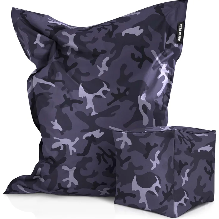 Green Bean® 2er Set XXL Sitzsack inkl. Poufmit mit EPS-Perlen - Riesensitzsack 140x180 Liege-Kissen Bean-Bag - Camouflage Schwarz