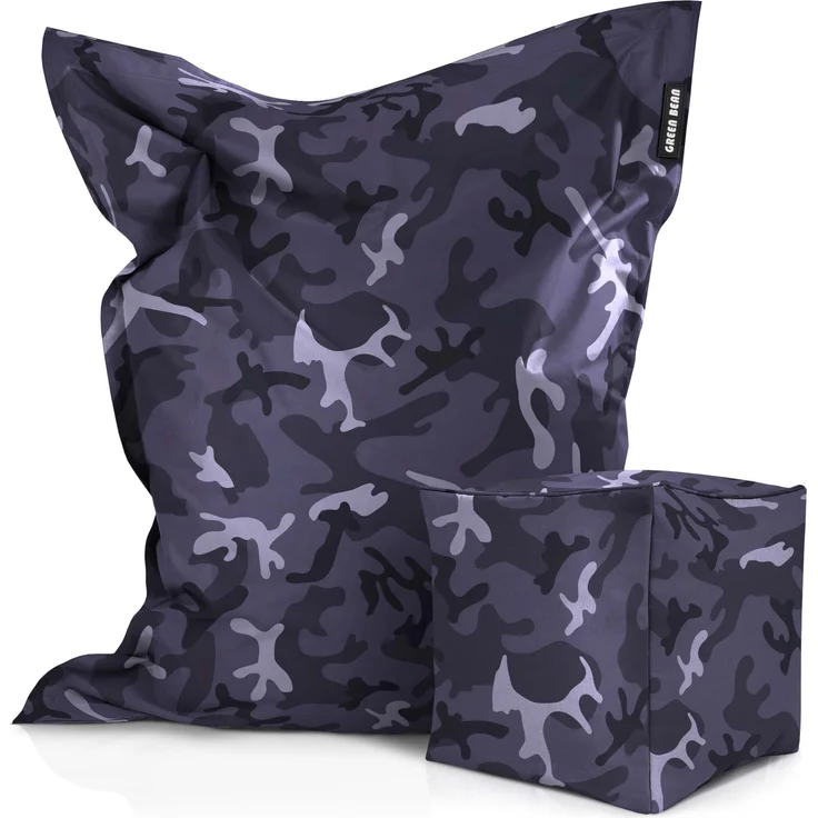 Green Bean® 2er Set XXL Sitzsack inkl. Poufmit mit EPS-Perlen - Riesensitzsack 140x180 Liege-Kissen Bean-Bag - Camouflage Schwarz – Bild 1