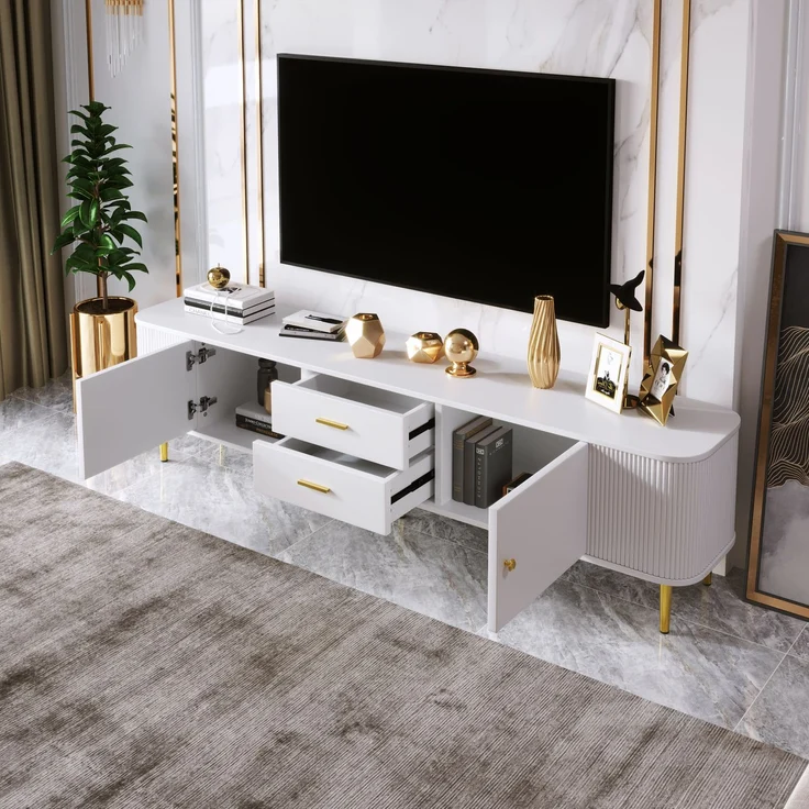 TV-Schrank Weiß mit Goldgriffen 170 x 34 x 45 cm Moderner Lowboard TV-Möbe,mit 2 Türen und 2 Schubladen – Bild 6