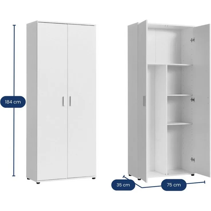 Home Collective Mehrzweckschrank 75 cm breit mit Einlegeböden 75x35x184 cm (BxTxH) Weiß mit 2 Einlegeböden und Fach für Staubsauger