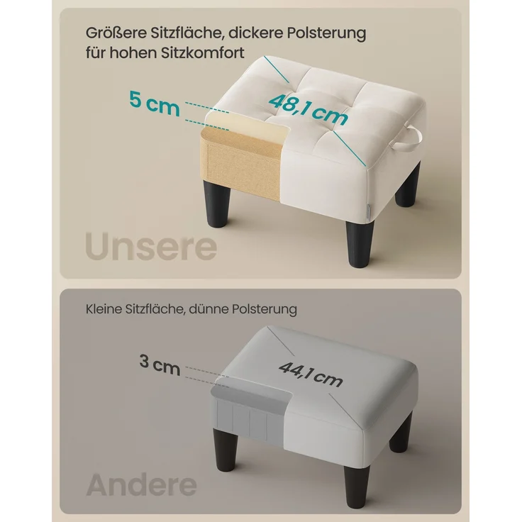 SONGMICS Sitzhocker, Fußhocker, Samt, Hocker, Dicke Polsterung, bis 150 kg belastbar, für Wohnzimmer Schlafzimmer Eingangsbereich, cappuccinobeige-tintenschwarz – Bild 4