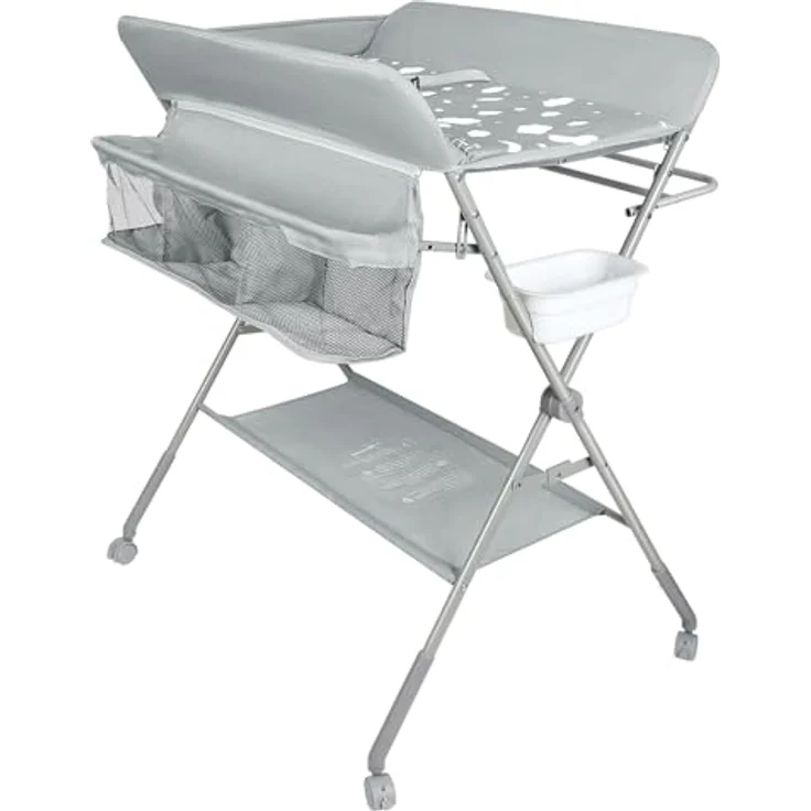 mobiler Wickeltisch mit Wickelaufsatz, Wickelkommode klappbar höhenverstellbar, Wickelkombi mit Sicherheitsgurt Aufbewahrungskorb Kleiderstange-80 * 58 * 90 cm-hellgrau – Bild 7