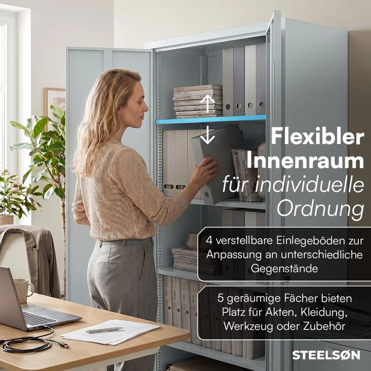 STEELSØN 'Regulus' Aktenschrank, Metall, grau, 175x40x80 cm, abschließbar, Metallschrank mit 5 Fächern, geeignet als Werkzeugschrank – Bild 4