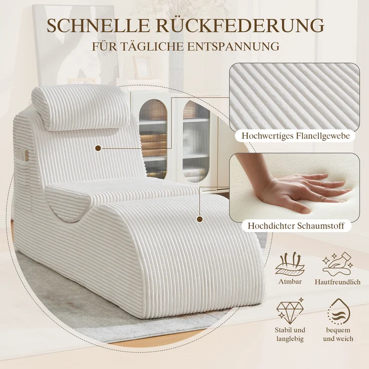 LVHOM Relaxsessel Ergonomisches Design, Lesesessel mit verstellbarer Kopfkissen und Sitzkissen, Fernsehsessel mit Seitentasche, Cord Bezug, bis 200kg belastbar – Bild 8