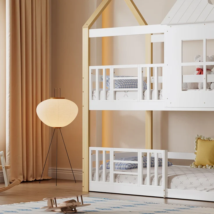 Etagenbett / Hausbett 90 × 200 cm – mit seitlicher Aufbewahrungstreppe, Dach mit Rundöffnung & Fenster, Weiß&Natur – Bild 6