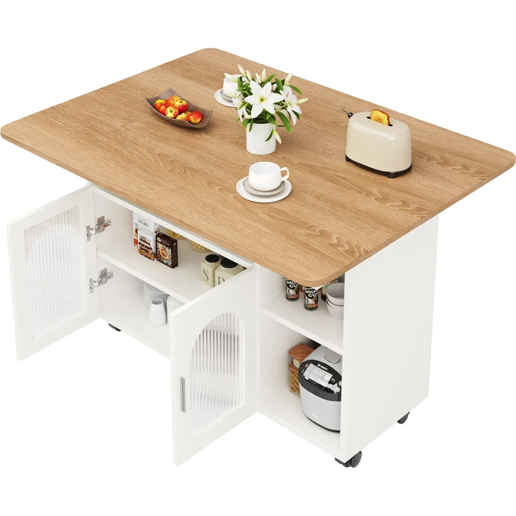 Kücheninsel, modernes Küchensiland, Küchenschrank, abnehmbare Servierwagen-Buffetschrank, Speisewagen mit Holzmaserung, multifunktionaler Esstisch mit Stauraum, Holzoptik, Weiß – Bild 6