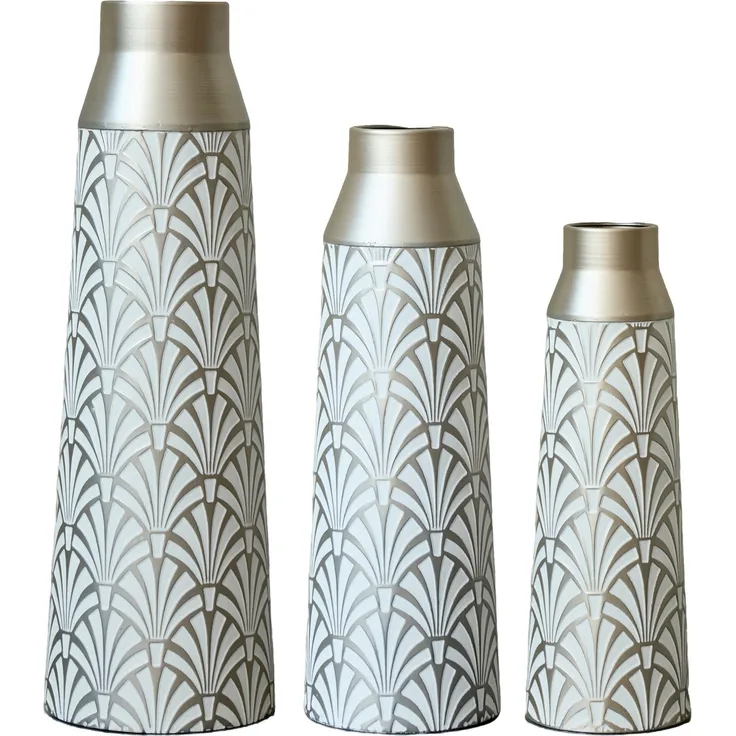 Metallbodenvasen 3er Set, Halbhandgefertigte Stehvasen mit Fächer-Muster, Moderne Weiß-Silberne Dekovasen für Wohnzimmer, Flur, Eingangsbereich, 43,5/51/61 cm Höhe--Silber--24.36x23.48x66.54cm--YOUDENOVA