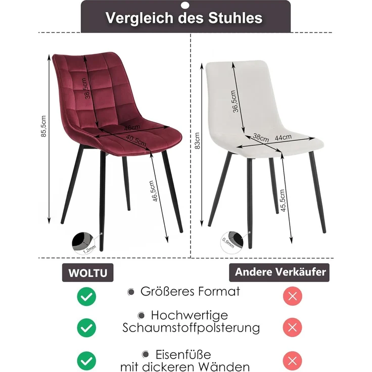 'Elif' 2er-Set Küchenstuhl mit Rückenlehne, Samt/Metallbeine, bordeaux – Bild 3