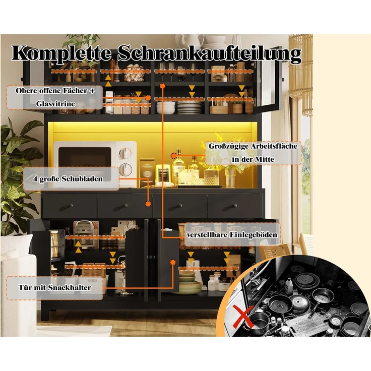 ZUBALIYA Hochbuffetschrank 140*38.5*180cm mit App-gesteuerter RGB-LED / verstellbare Einlegeböden, mit glastüren & 4 Schubladen und belastbar bis 100kg, Schwarz – Bild 18