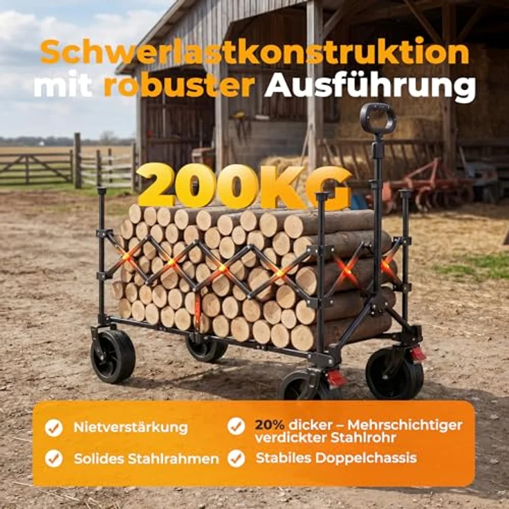 HOMECALL All-Terrain Bollerwagen 200L XXL-Volumen, klappbar mit Kühltasche, 200 kg Tragkraft, für Einkaufen, Camping und Garten – Bild 3