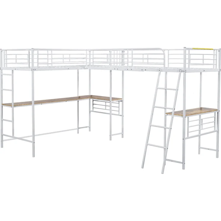 Bett 90x200 cm Hochbett mit Tisch und hohem Geländer, Metallrahmen, platzsparendes Zwei-Ebenen-Design – Bild 8