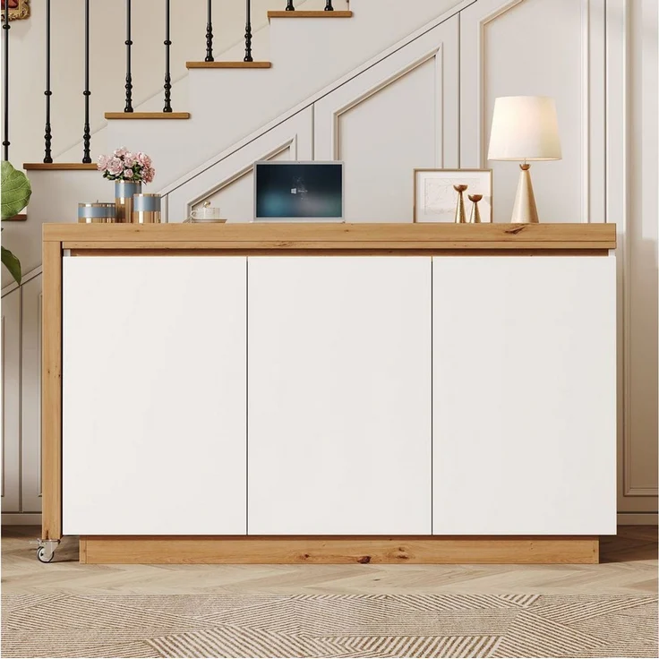 Merax Eckschreibtisch Schreibtisch mit drehbarer Tischplatte (1-St, feststellbaren Rollen, 2-in-1 Design), Bürotisch, Sideboard, Arbeitstisch – Bild 2