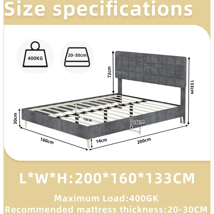 Novelux Polsterbett 160x200 cm mit gepolstertem Kopfteil im Karomuster - Stabiles Stoffbett Doppelbett mit Massivholzfüßen, Dunkelgrau, Skandinavisch – Bild 2